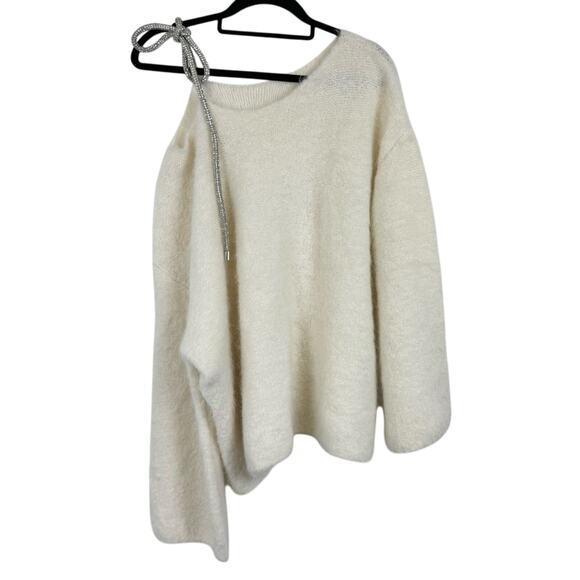 ROCHA ROMA Straight Neck Rhinestone Bow Off-The-Shoulder Alpaca Sweater Cream - Picture 7 of 15